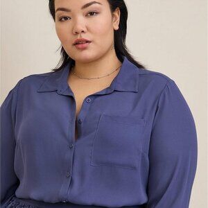 Torrid - Lizzie Georgette Button-Up Long Sleeve Shirt in Crown Blue Roebuck Blue